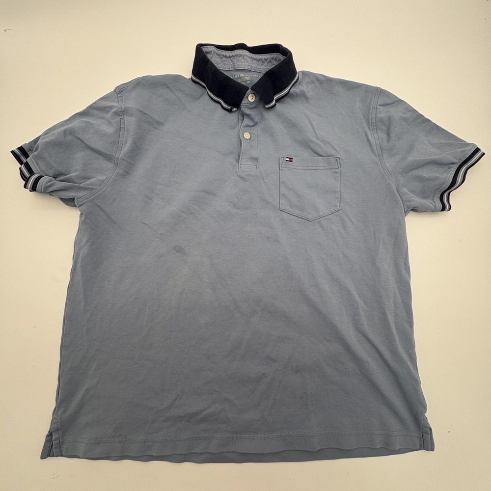 Tommy Hilfiger Polo Shirt Mens XL Blue Contrast Collar Pocket Cotton Casual
